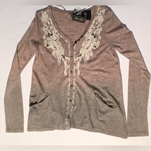 Miss Me Ombre Taupe Cardigan Crochet Front Button Down Pockets Sweater-Sz Sm New